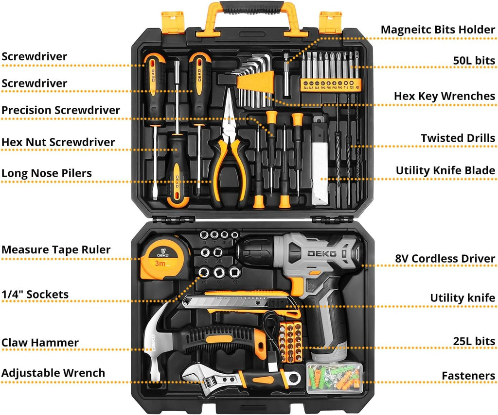 DEKOPRO 126-Piece Cordless Drill and Hand Tool Set – Yellow – product detail