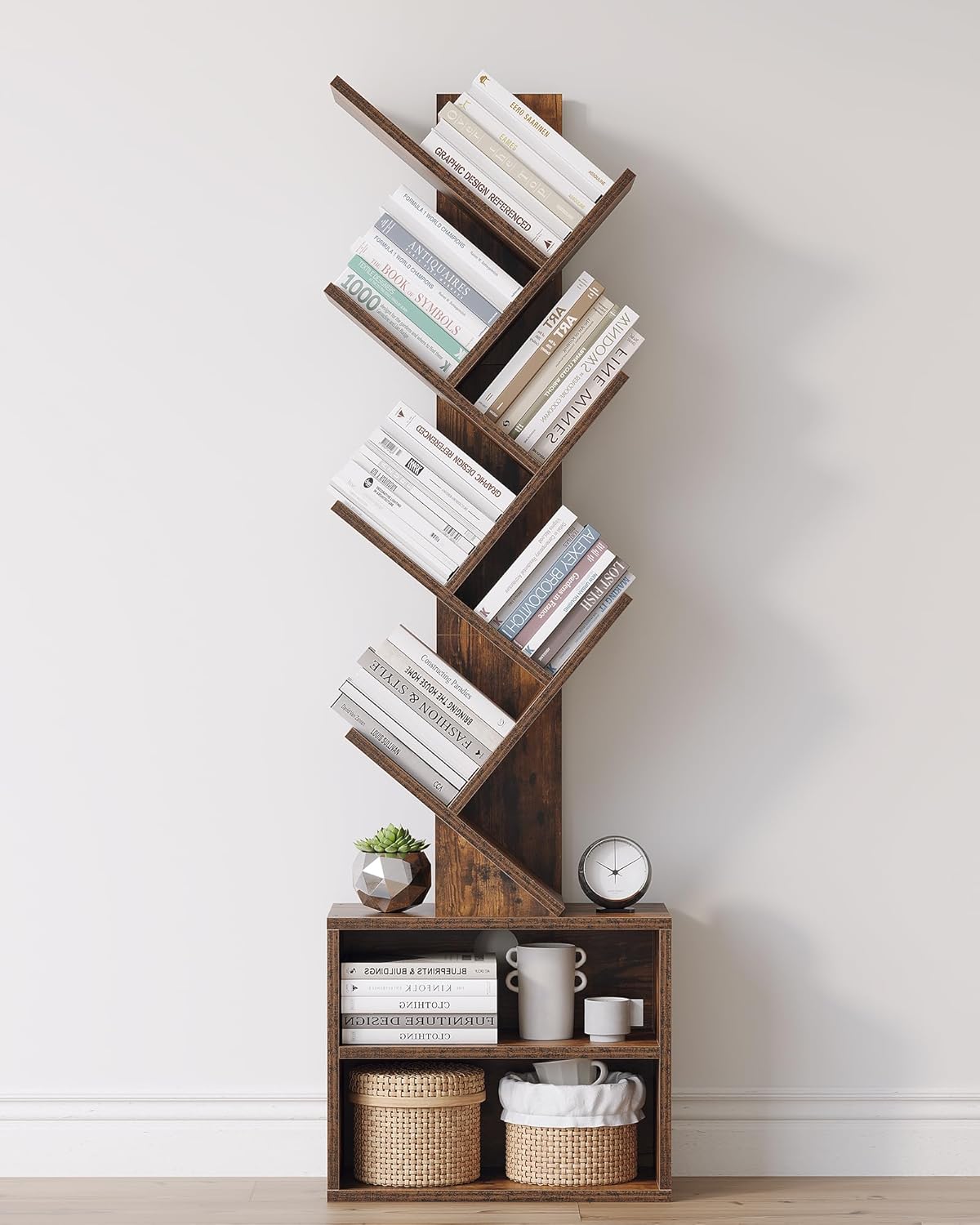 SUNMORY Six-Tier Tree Bookshelf with Storage, Brown