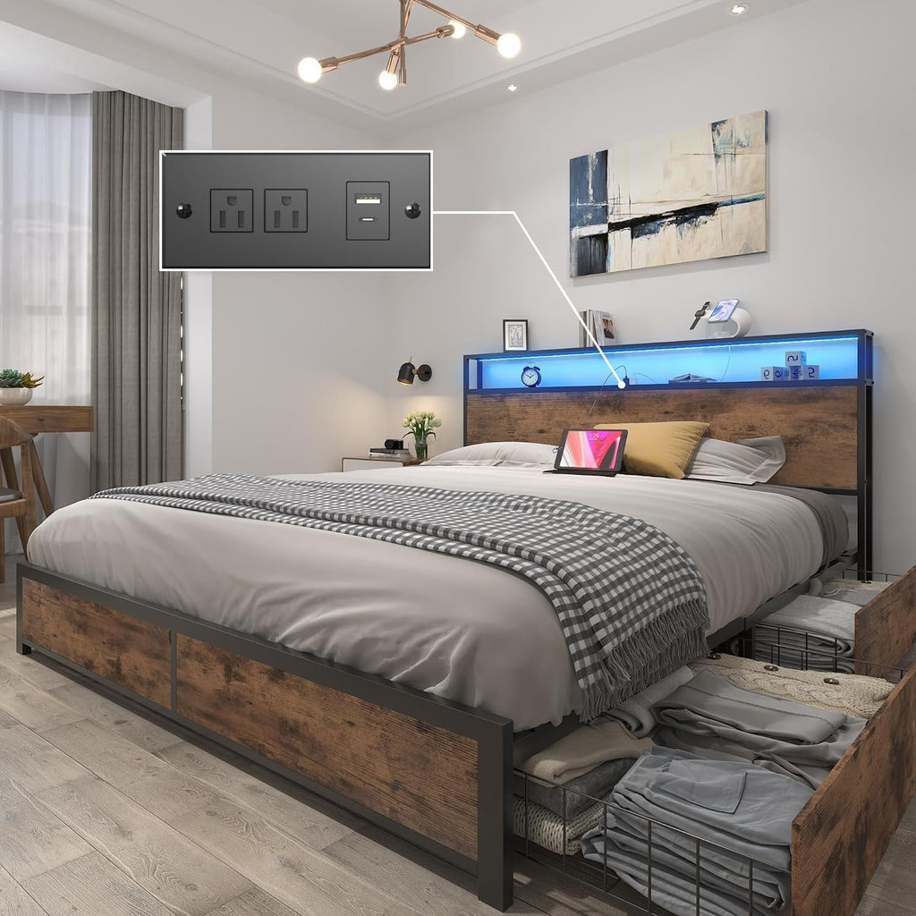 Lifezone Queen Storage Bed Frame with Charging Headboard and LED Lighting
