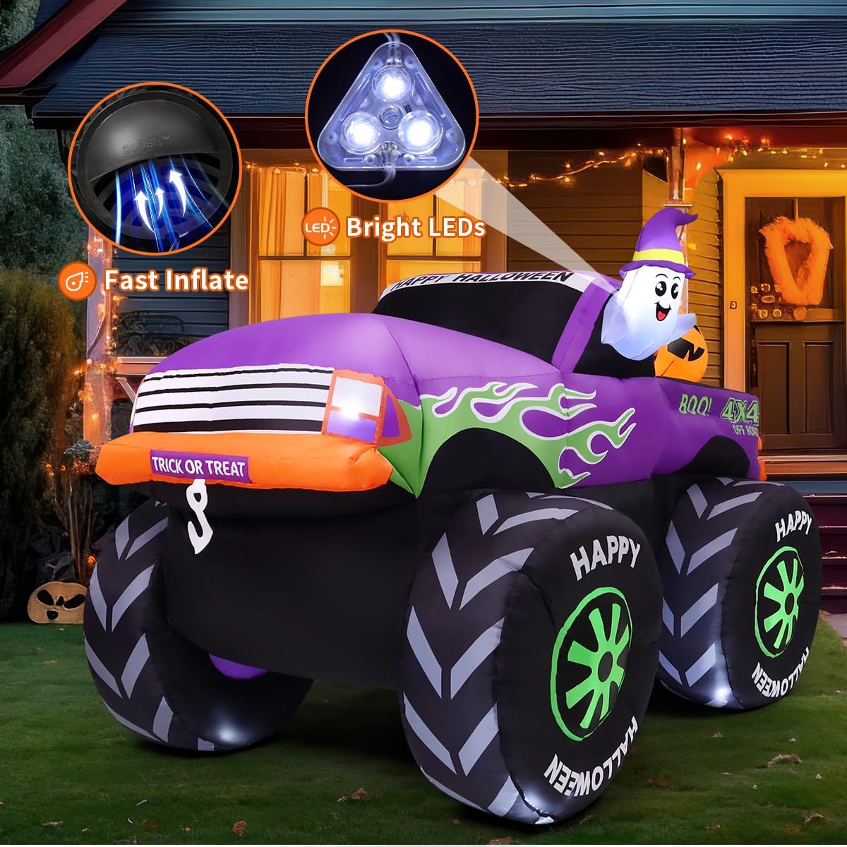 GOOSH 69469 8-Foot Halloween Monster Truck & Ghost & Pumpkin Inflatable – Purple – product detail