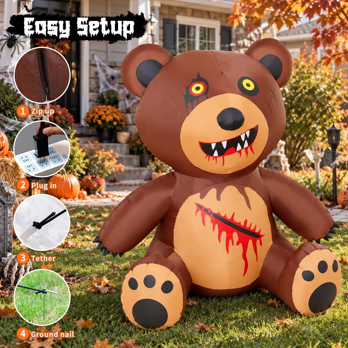 GOOSH 69729 5-Foot Halloween Teddy Bear Inflatable – Brown and Red – product detail
