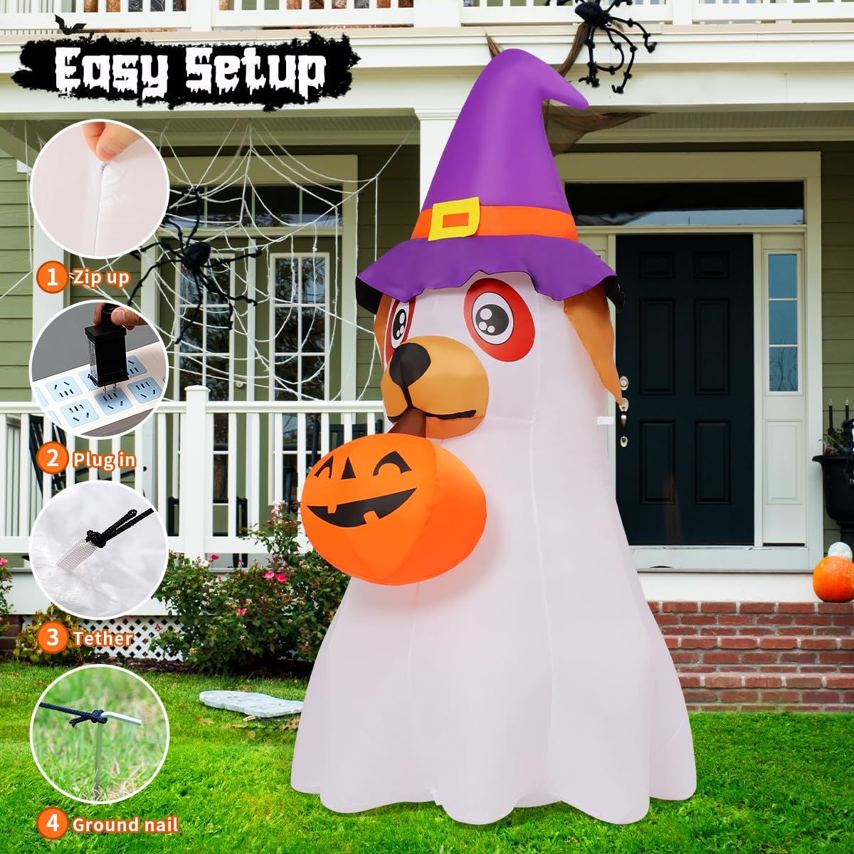 GOOSH 69431 6.2-Foot Halloween Dog & Ghost & Pumpkin Inflatable – White – product detail