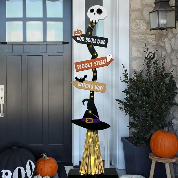 DAZONGE Lighted Wooden Halloween Witch Broom Decoration – black