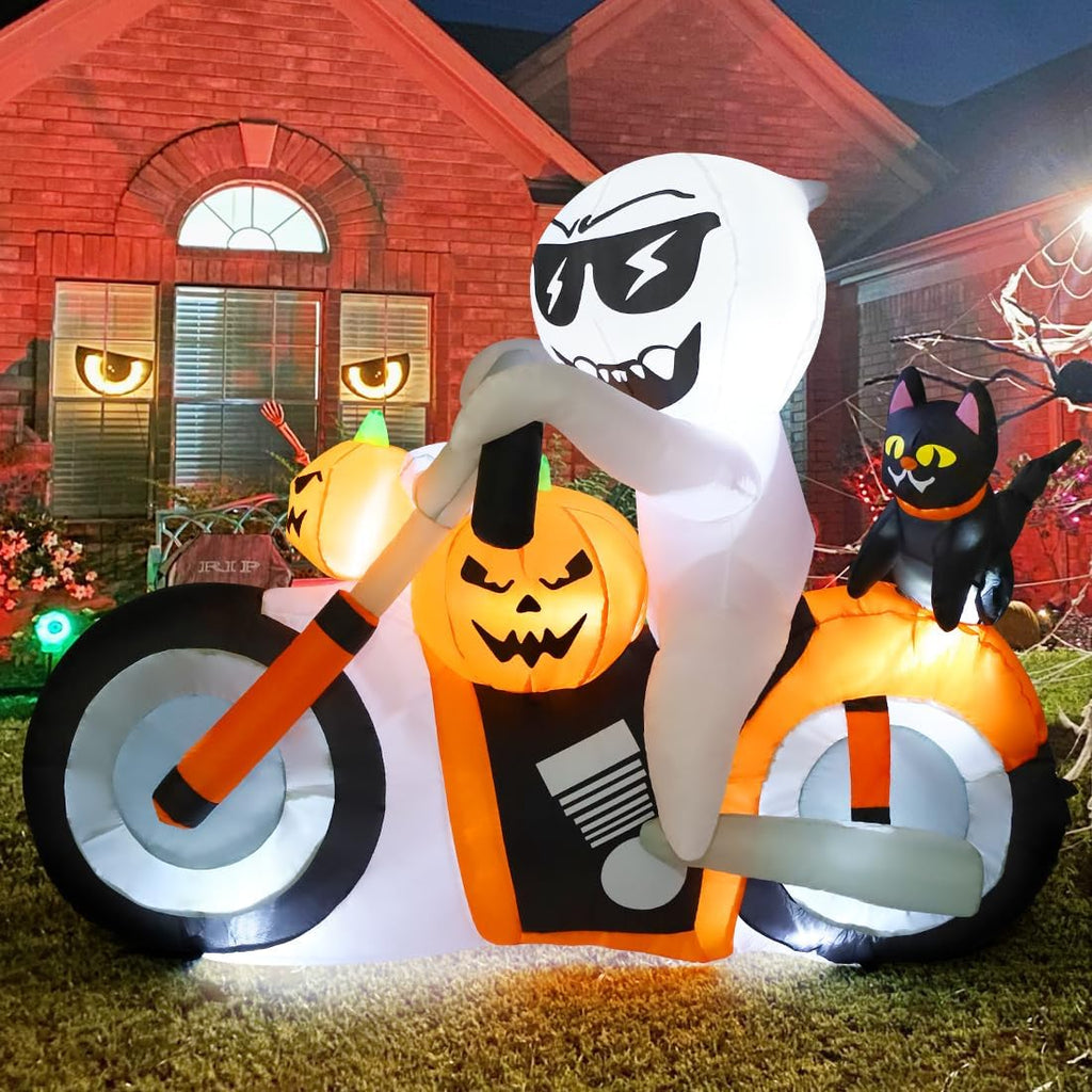 COMIN CO-69305 6-Foot Halloween Ghost, Pumpkin & Cat Motorcycle Inflatable – White,Orange,Black – product detail