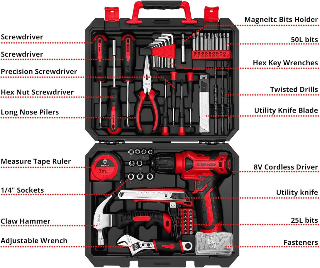 DEKOPRO 126-Piece Cordless Drill and Hand Tool Set – Red – product detail