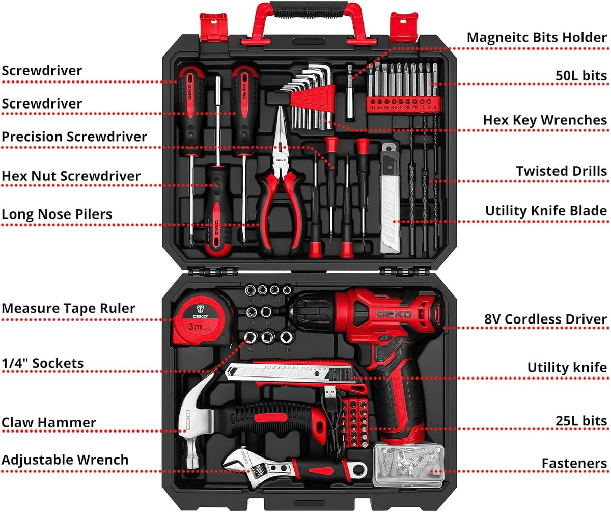 DEKOPRO 126-Piece Cordless Drill and Hand Tool Set – Red – product detail