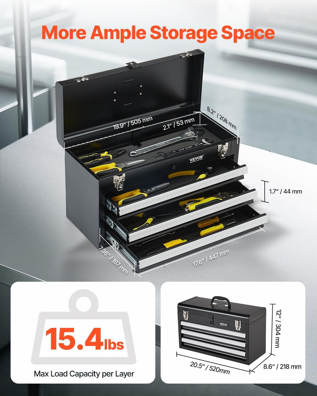 VEVOR TBD-2003SSBK 20.5-Inch 3-Drawer Steel Tool Chest – Black – product detail