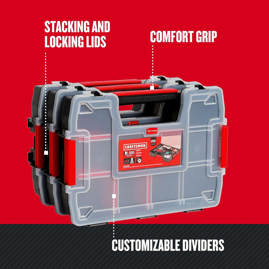 CRAFTSMAN CMST60964M 3-Pack 10-Compartment Parts Organizers – 3 Pack (11.5" L x 2.5" W x 8.5" H), black/red – 3 Pack (11.5" L x 2.5" W x 8.5" H) / black/red – product detail