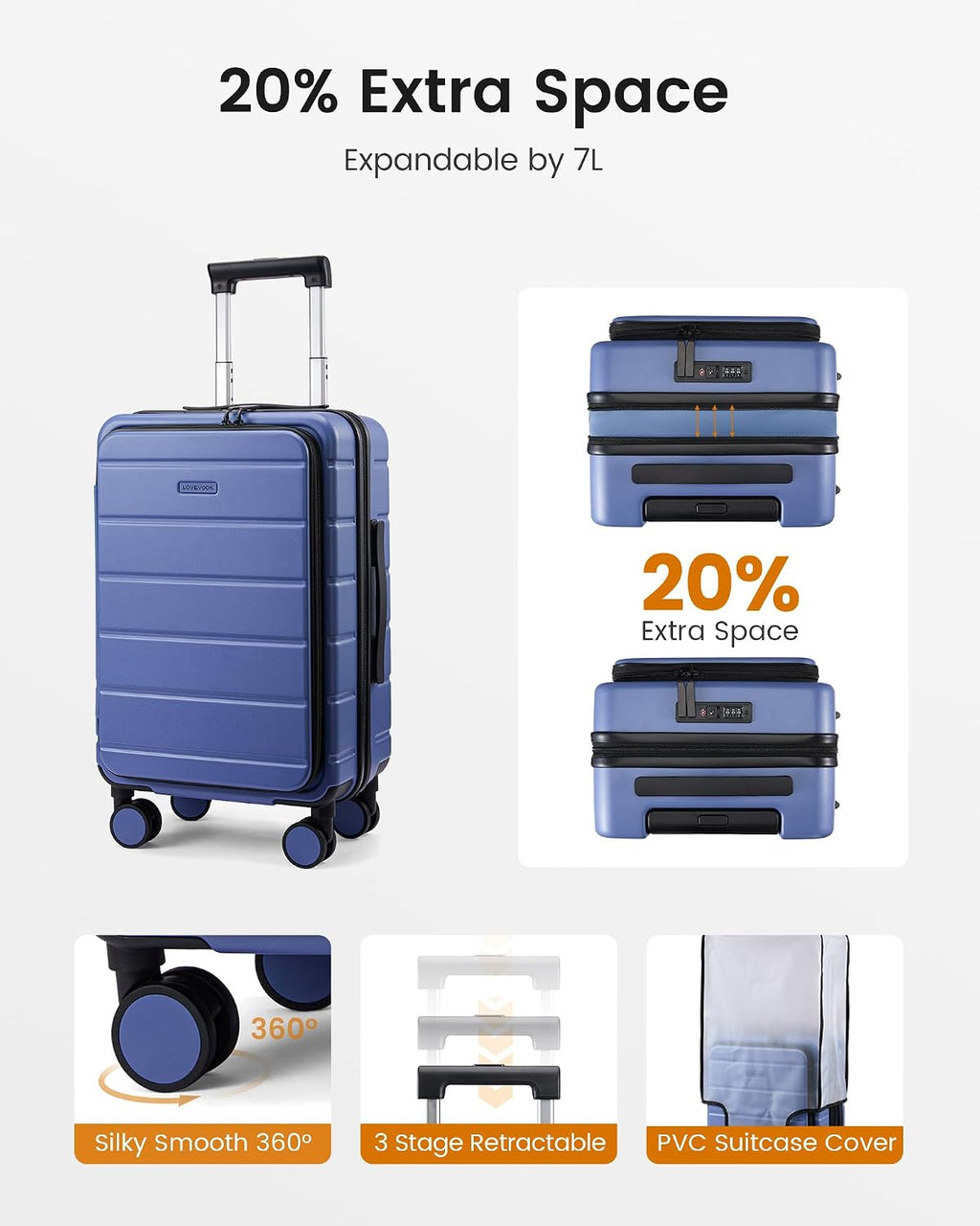LOVEVOOK VYUB5188LK30M-T2 Hardside Carry-On Suitcase – 20 inch, Blue – Blue / 20 inch – product detail