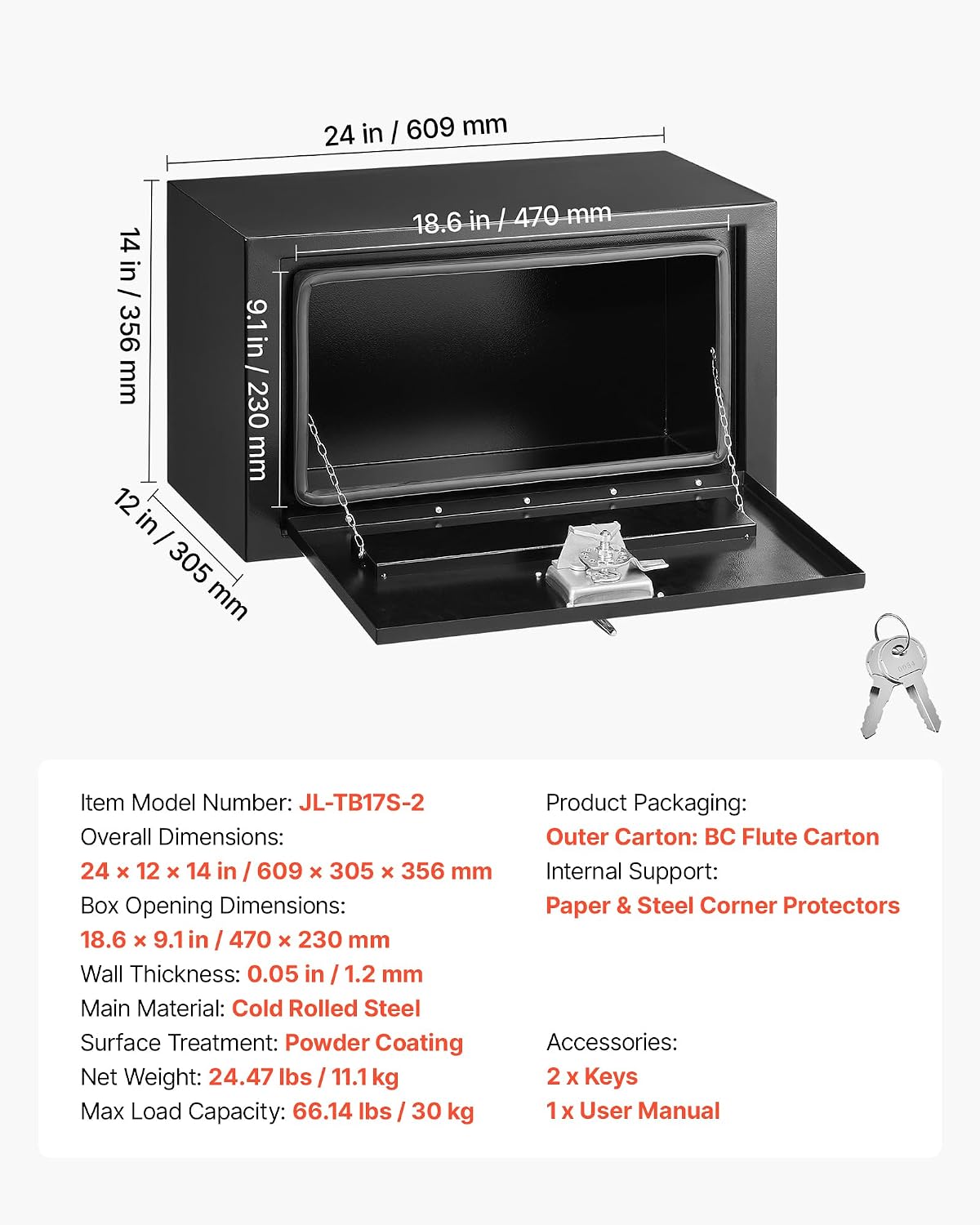 VEVOR JL-TB17S-2 24-Inch Underbody Steel Truck Tool Box – 24*12*14, Black – 24*12*14 / Black – product detail