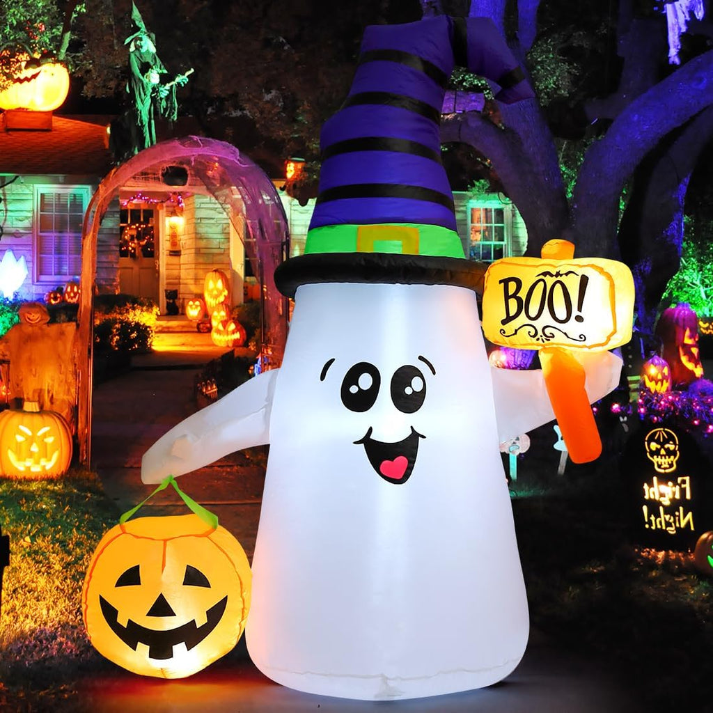 GOOSH 69110 5-Foot Halloween Wizard Ghost & Pumpkin Inflatable – White