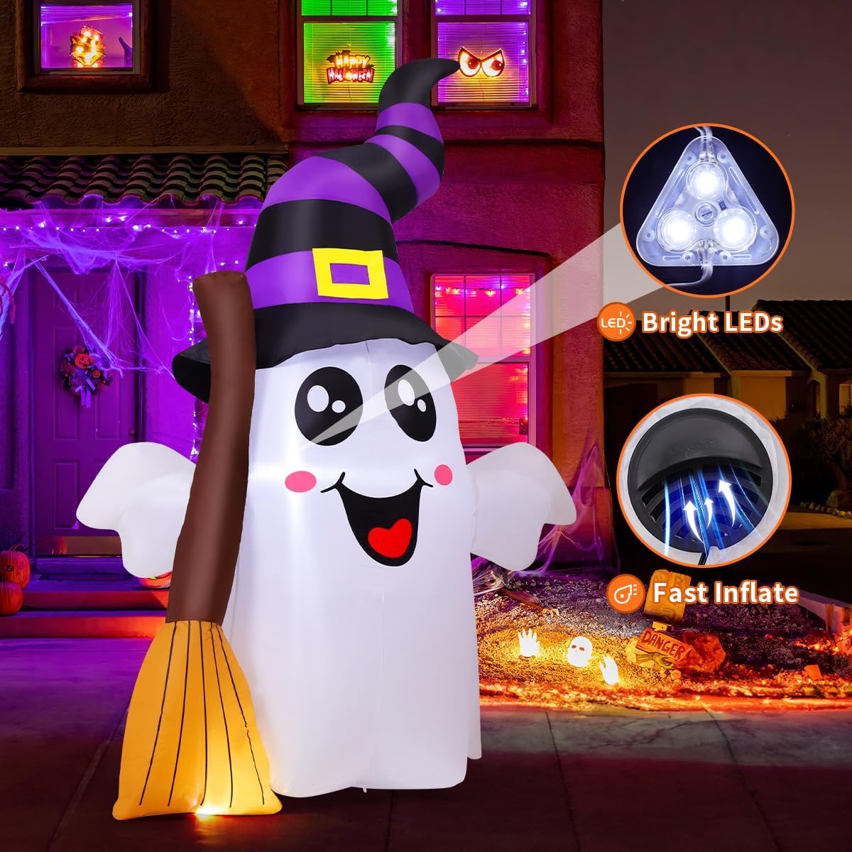 GOOSH 69483 6.2-Foot Halloween Ghost with Broom Inflatable – White and Black – product detail