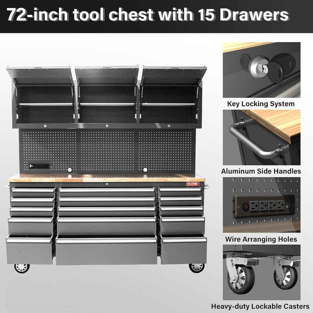 HAUTMEC HT0428-TC 72-Inch Rolling Workbench with 15 Drawers and Upper Cabinets – Gray – product detail