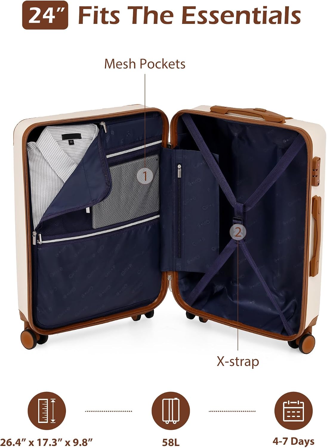 Coolife yd72 Hardside Suitcase – M(24in), apricot white – apricot white / M(24in) – product detail