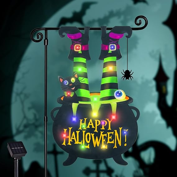 FLAGMESAGE 01 Solar-Lighted Halloween Witch Feet Garden Flag – 12x18 Inch, Witch Feet-Multi Colored-12x18
