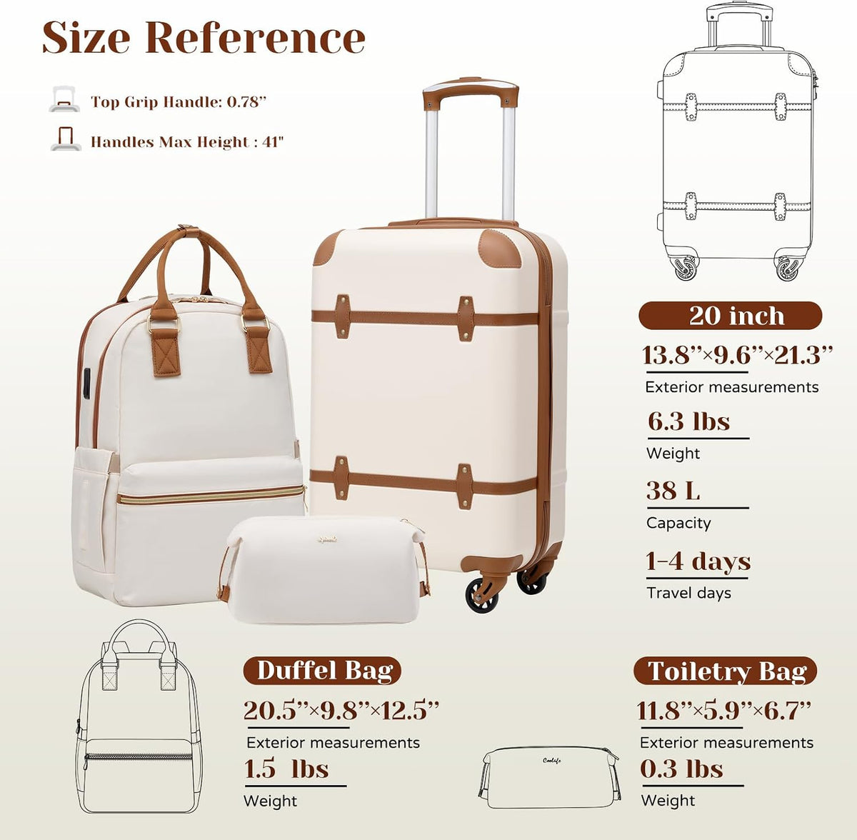 Coolife YD102 Hardside Luggage Set – 3 Piece Set (BP/TB/20), White – White / 3 Piece Set (BP/TB/20) – product detail