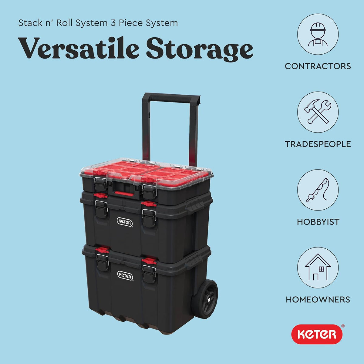 Keter 259676 Stack N Roll 3-Piece Rolling Tool Storage System – 3PC System, Black/Red – Black/Red / 3PC System – product detail