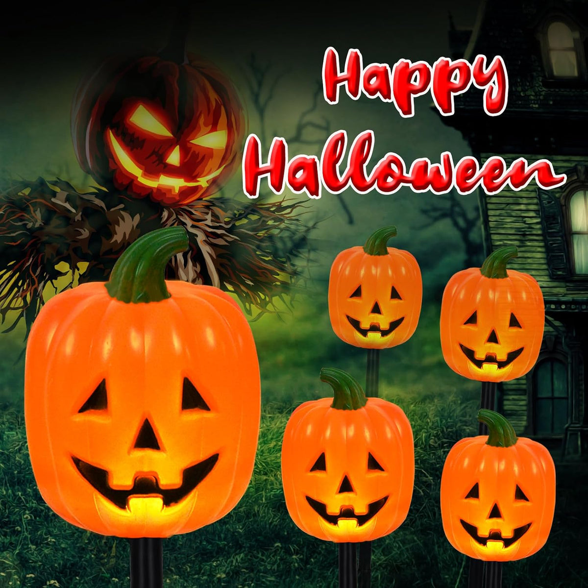 BRIGHTDECK 32137 Solar Halloween Pumpkin Stake Lights – 10-Pack – Long Pumpkin / 10-Pack – product detail