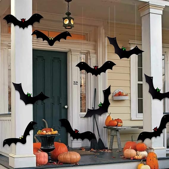 YUJUN 12-Piece Hanging Halloween Bat Set – Black