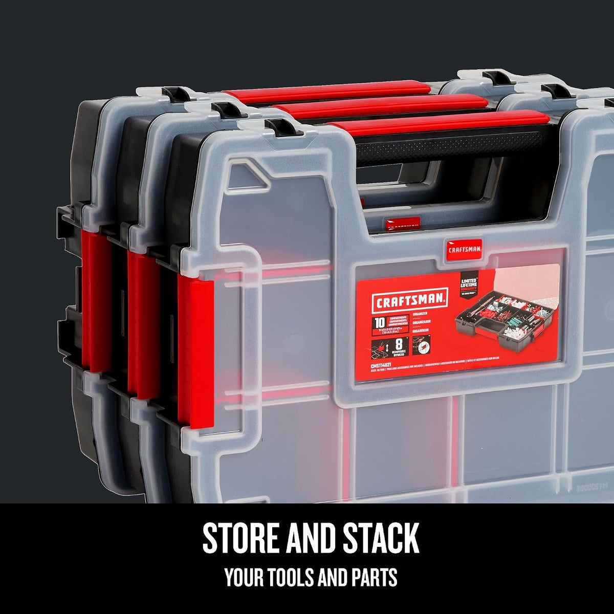 CRAFTSMAN CMST60964M 3-Pack 10-Compartment Parts Organizers – 3 Pack (11.5" L x 2.5" W x 8.5" H), black/red – 3 Pack (11.5" L x 2.5" W x 8.5" H) / black/red – product detail