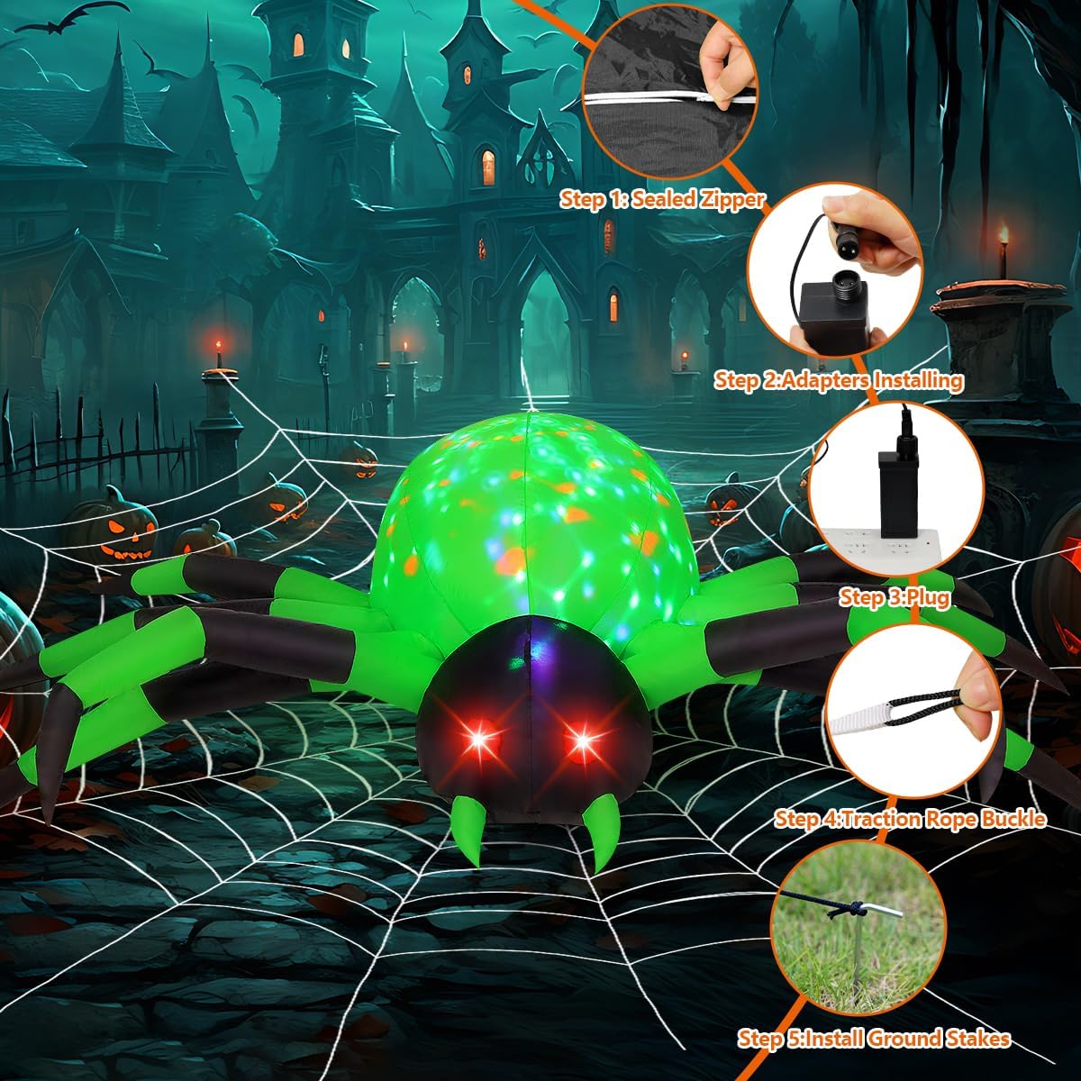 COMIN 9-Foot Halloween Spider Inflatable – Green – product detail