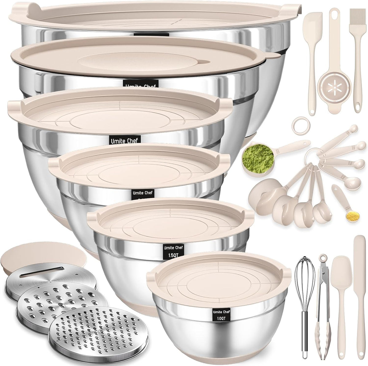 Umite Chef Mixing Bowls and Kitchen Tools, Khaki, 26 Pieces