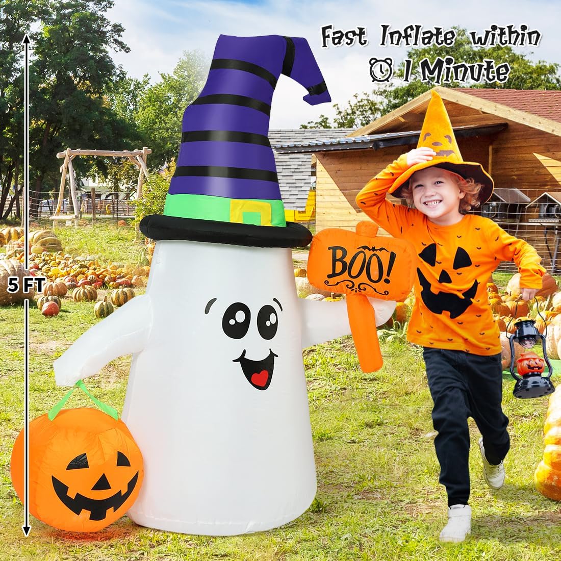 GOOSH 69110 5-Foot Halloween Wizard Ghost & Pumpkin Inflatable – White – product detail