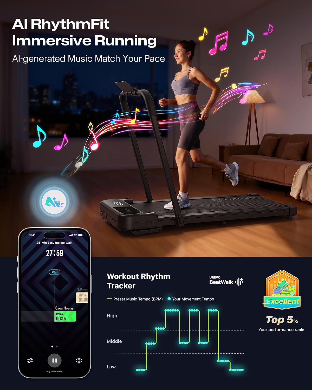 UREVO URTM059 Walking Treadmill – Black – product detail