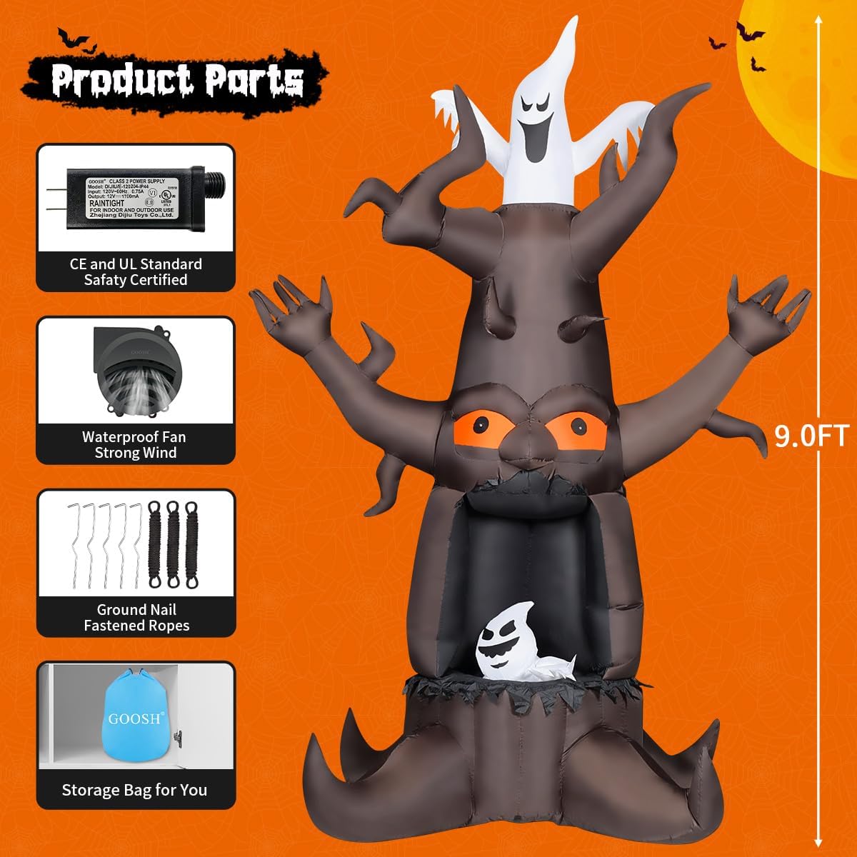 GOOSH DJ-WS-69463 9-Foot Halloween Animated Dead Tree & Ghost Inflatable – Brown – product detail