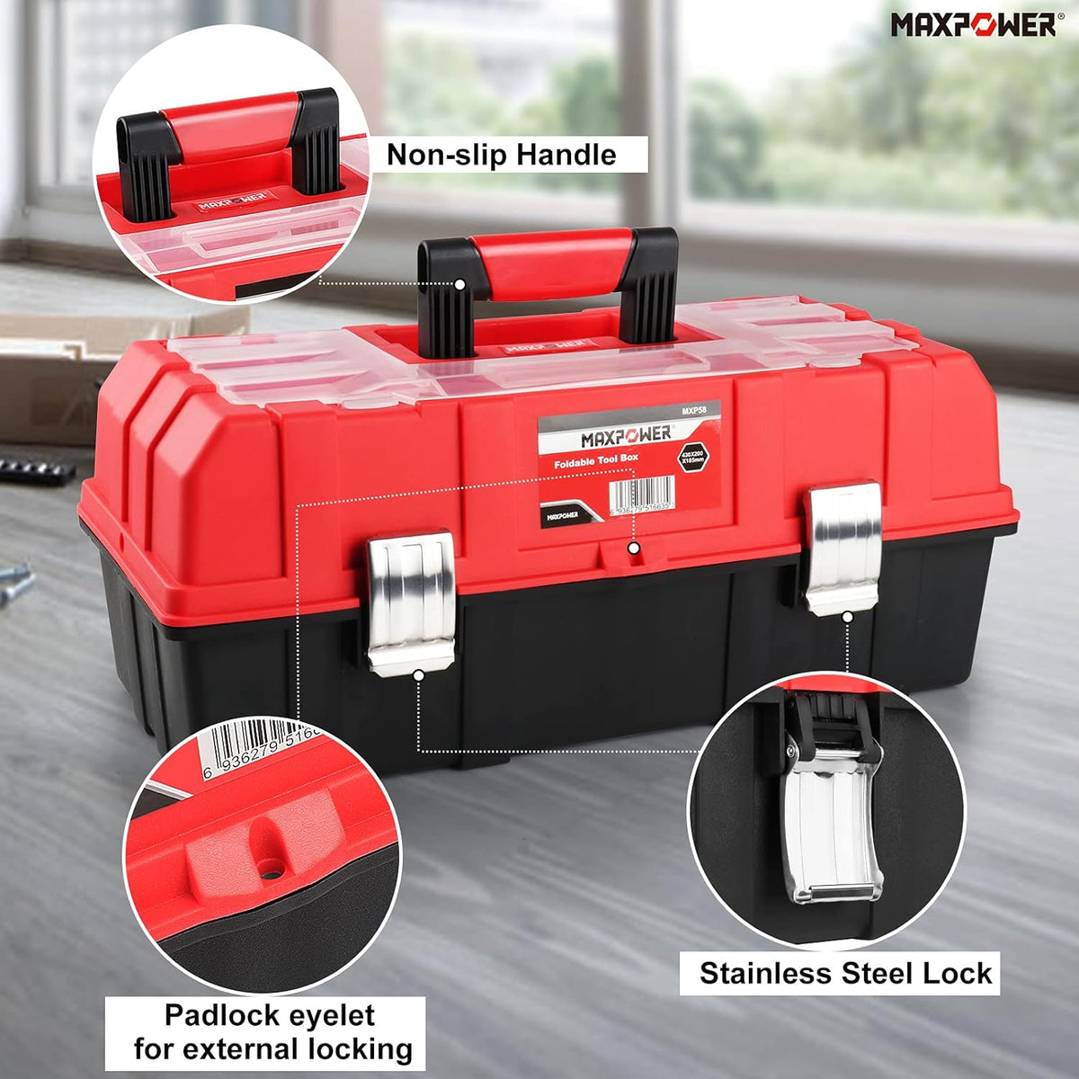 MAXPOWER MXP58 16-Inch Three-Tier Folding Tool Box – Red – product detail
