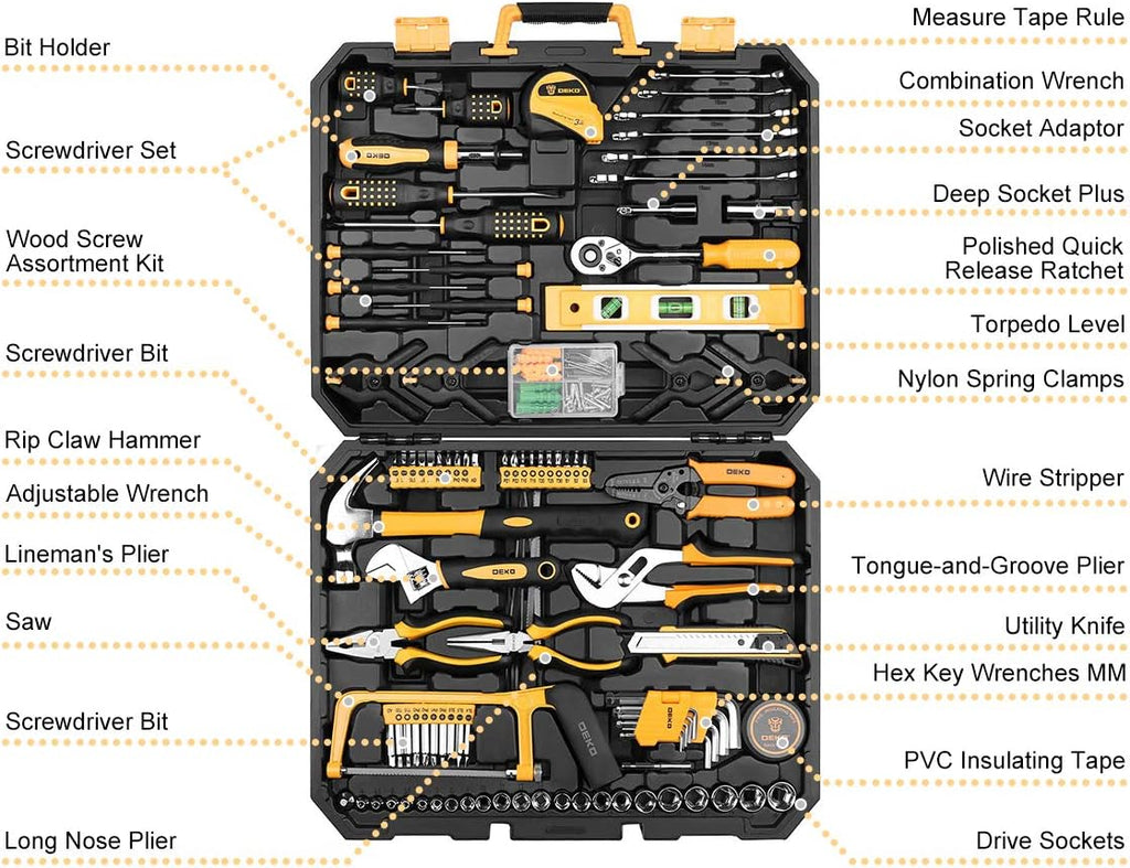 DEKOPRO ET00654 228-Piece Mechanics and Household Tool Set – 228 PCS, Yellow – Yellow / ‎228 PCS – product detail