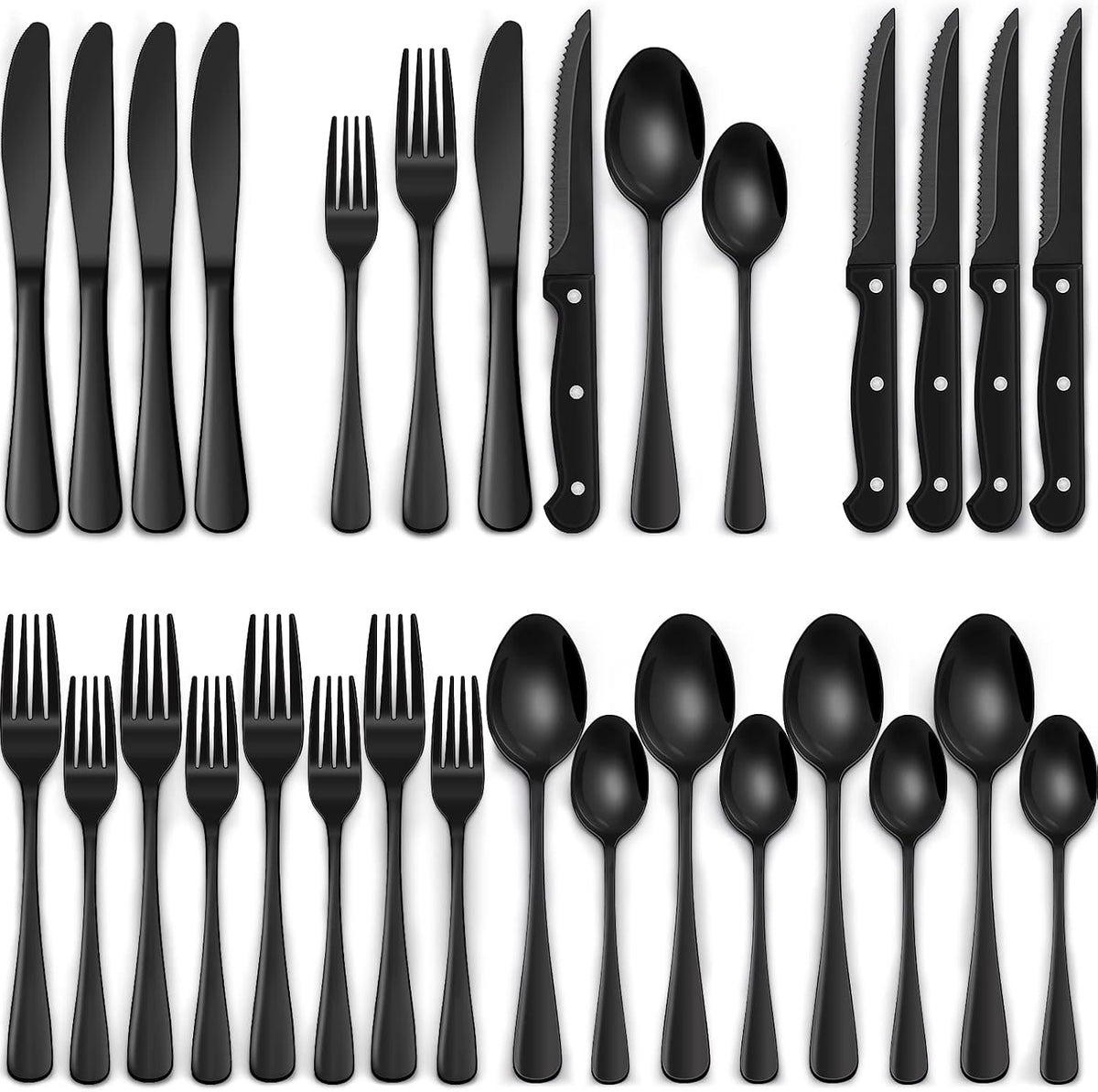 EWFEN Black Flatware with Steak Knives, 24-Piece Set