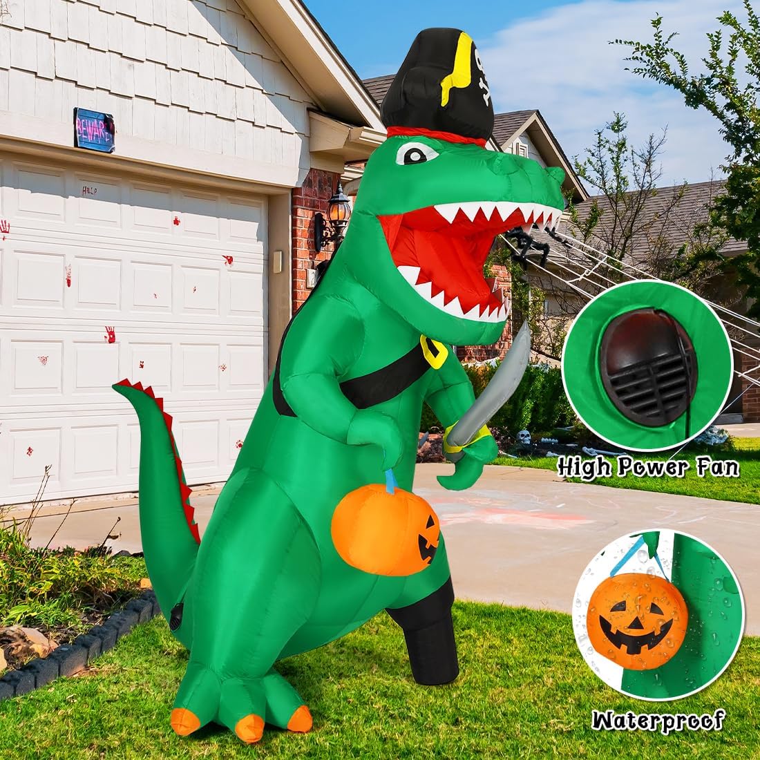 GOOSH 7-Foot Halloween Pirate Dinosaur & Pumpkin Inflatable – Green – product detail