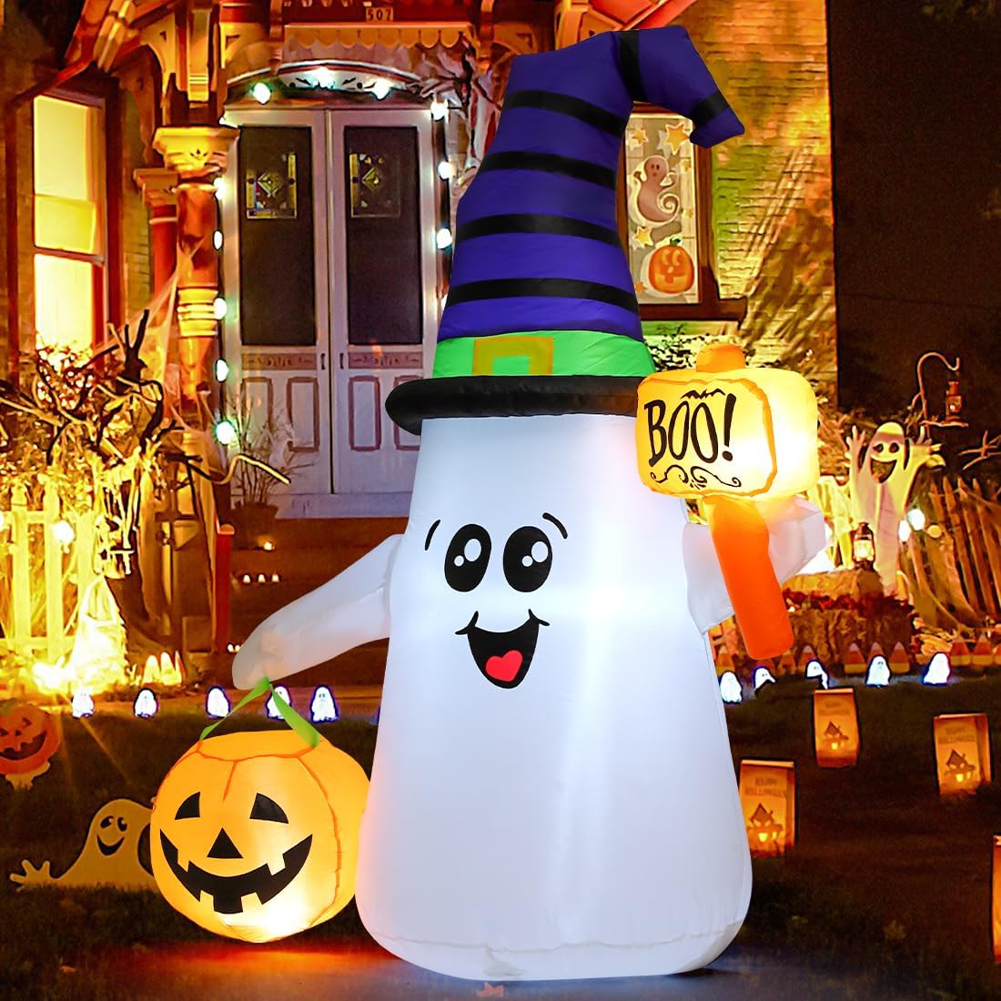 GOOSH 69110 5-Foot Halloween Wizard Ghost & Pumpkin Inflatable – White – product detail