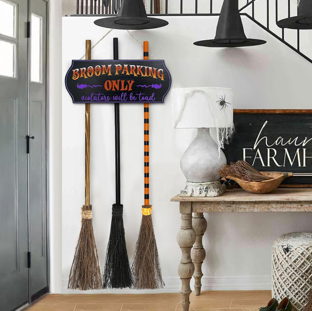 ORIENTAL CHERRY Halloween Broom Parking Sign with Three Wooden Brooms – Black – product detail