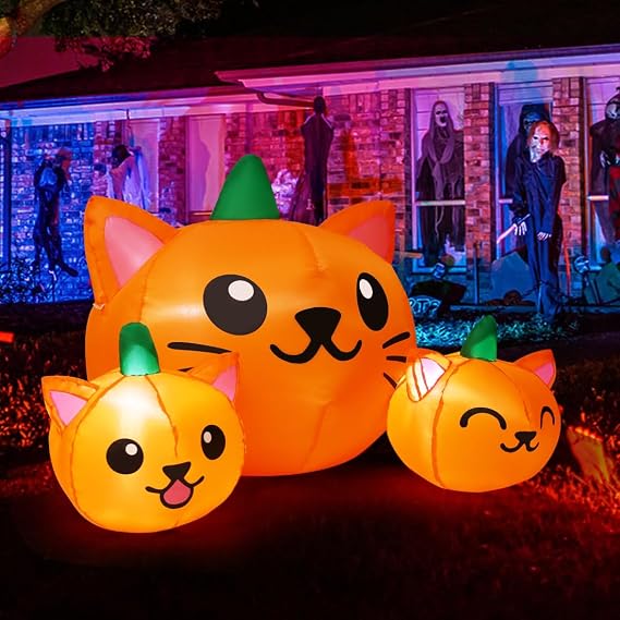COMIN 69264 5-Foot Halloween Pumpkin & Cat Inflatable – Green, Orange