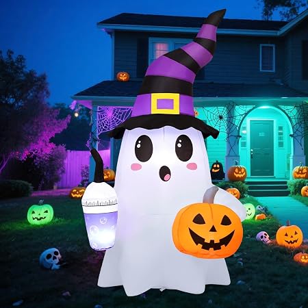 GOOSH 69656 6.2-Foot Halloween Ghost & Pumpkin Inflatable – white