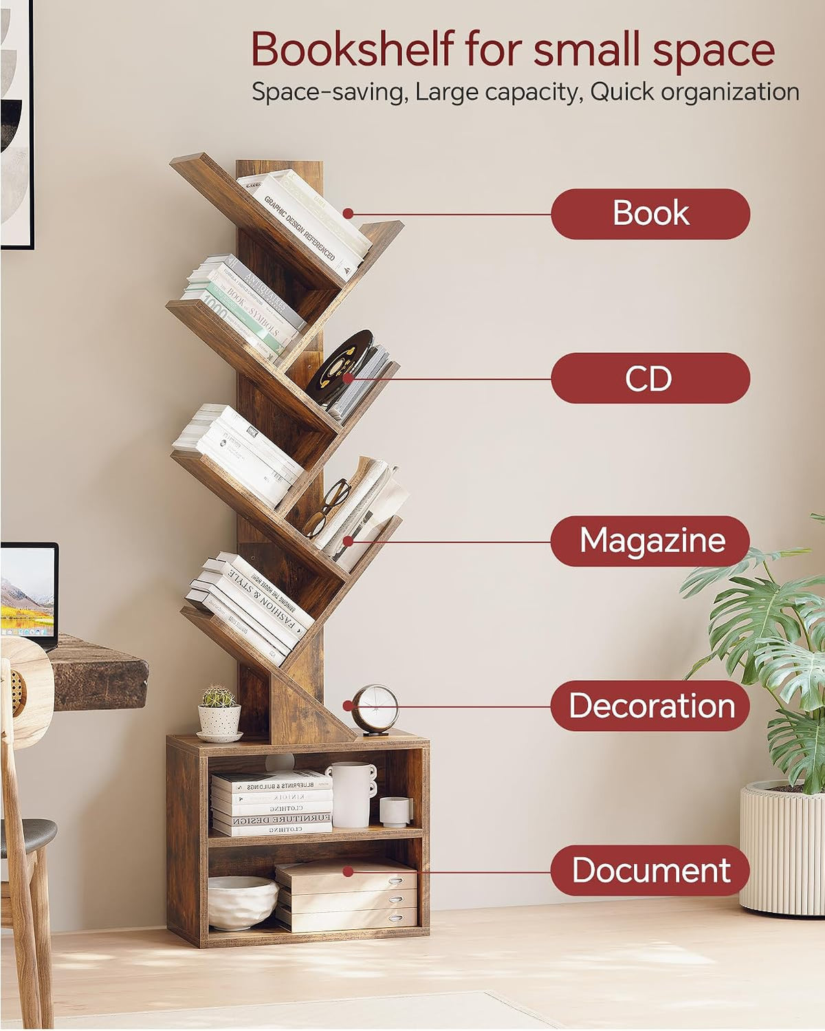 SUNMORY Six-Tier Tree Bookshelf with Storage, Brown