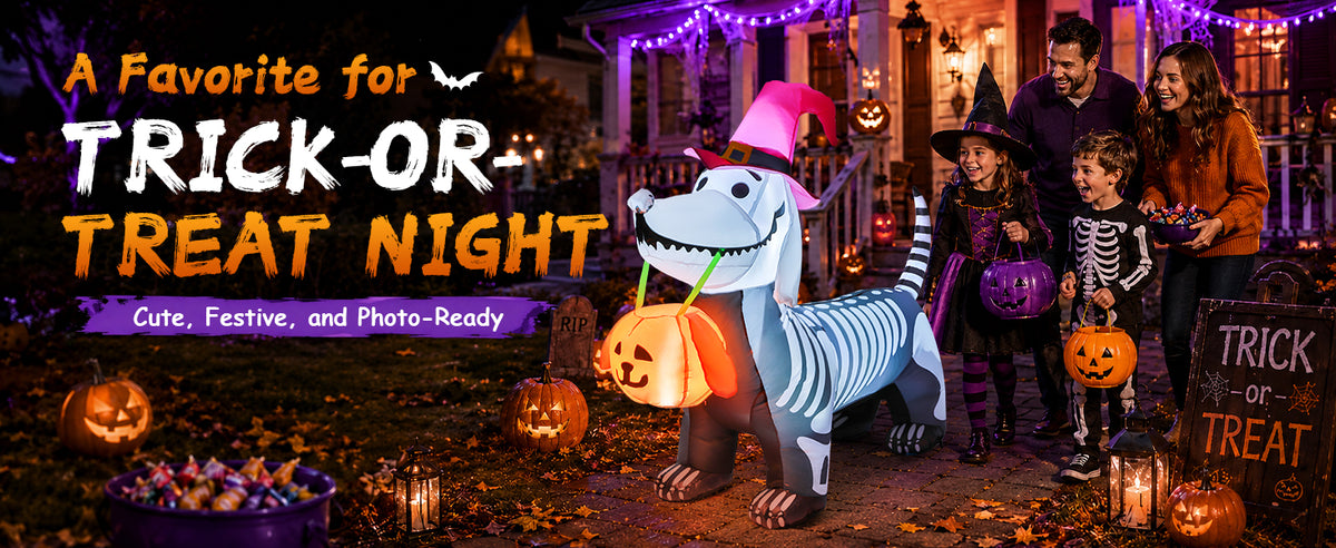GOOSH 5.5-Foot Halloween Skeleton Dog & Pumpkin Inflatable – White – product detail