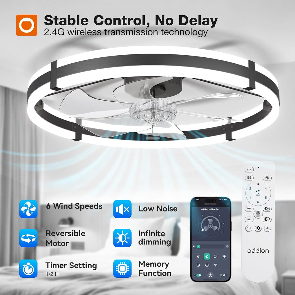 addlon 24-Inch Low-Profile Ceiling Fan with LED Light, Black
