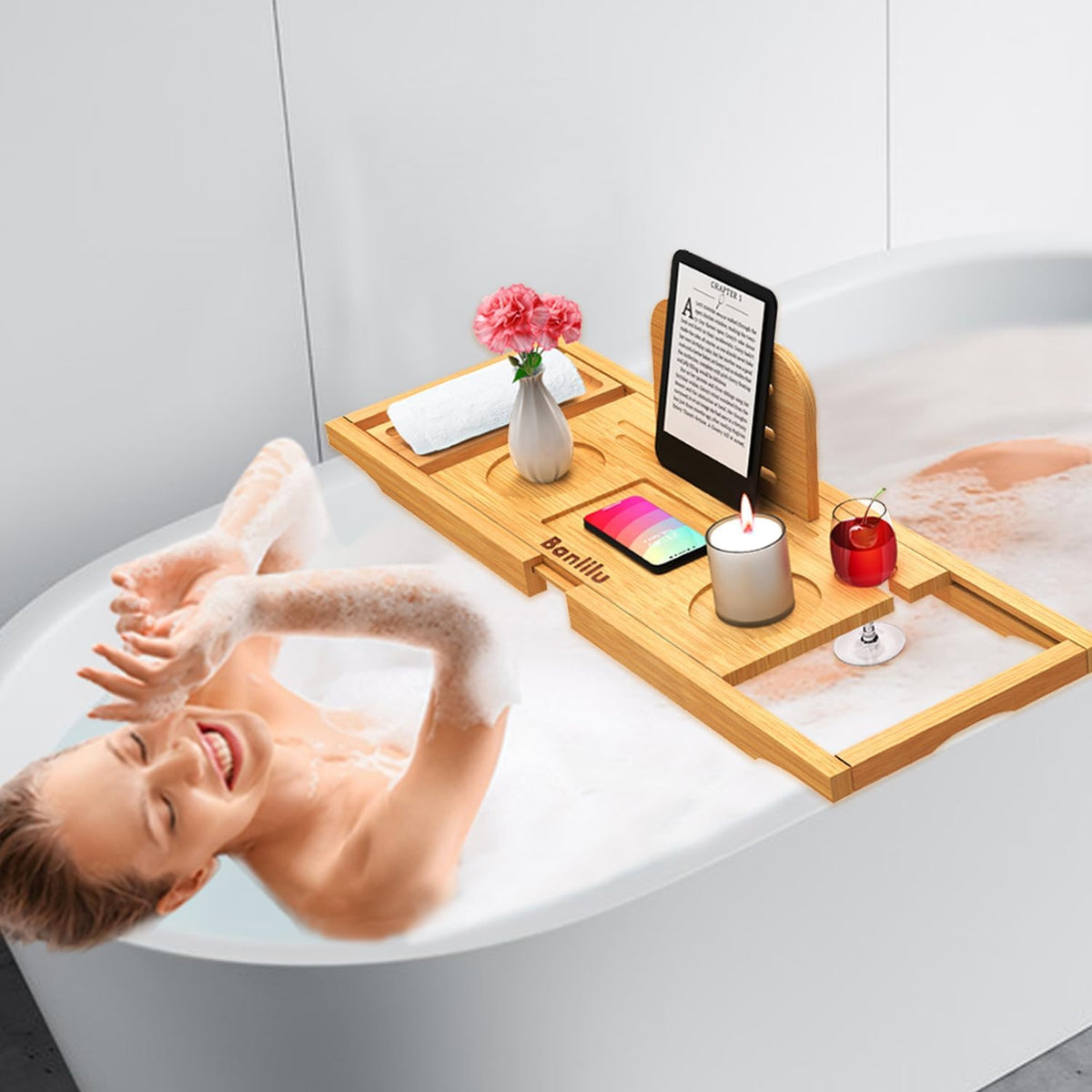 Banlilu Expandable Bamboo Bathtub Tray, Natural