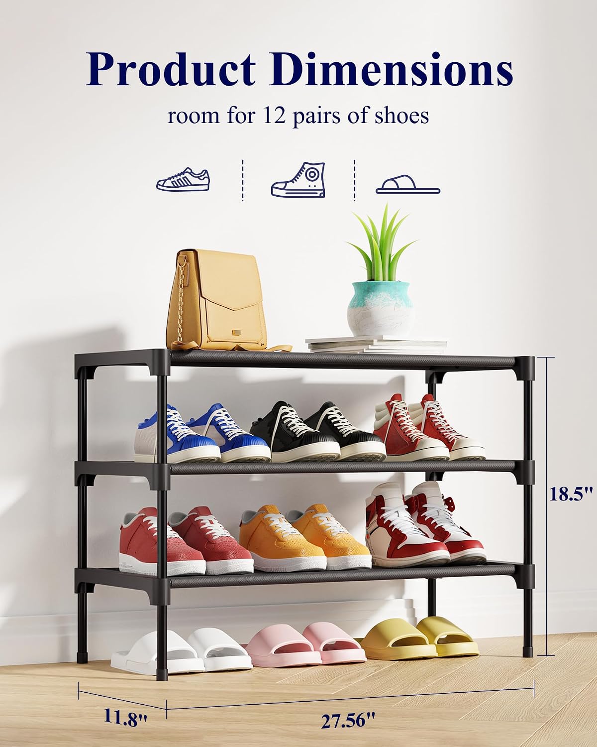 Kitsure Three-Tier Shoe Rack, Black, 27.5 in