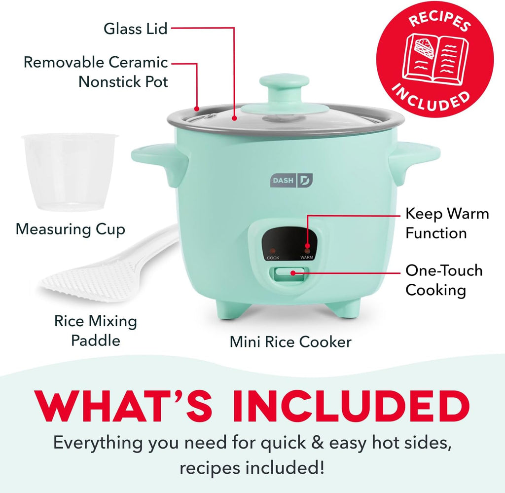 DASH Mini Ceramic Rice Cooker, Aqua, 2 Cups Cooked