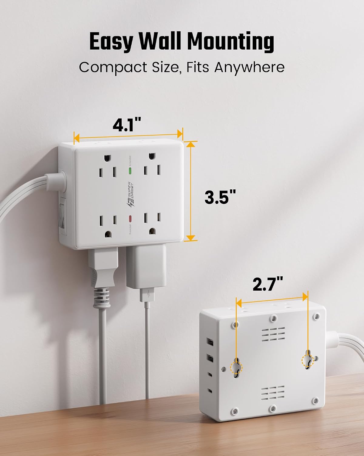 SUPERDANNY Flat-Plug Power Strip, White, 10 ft