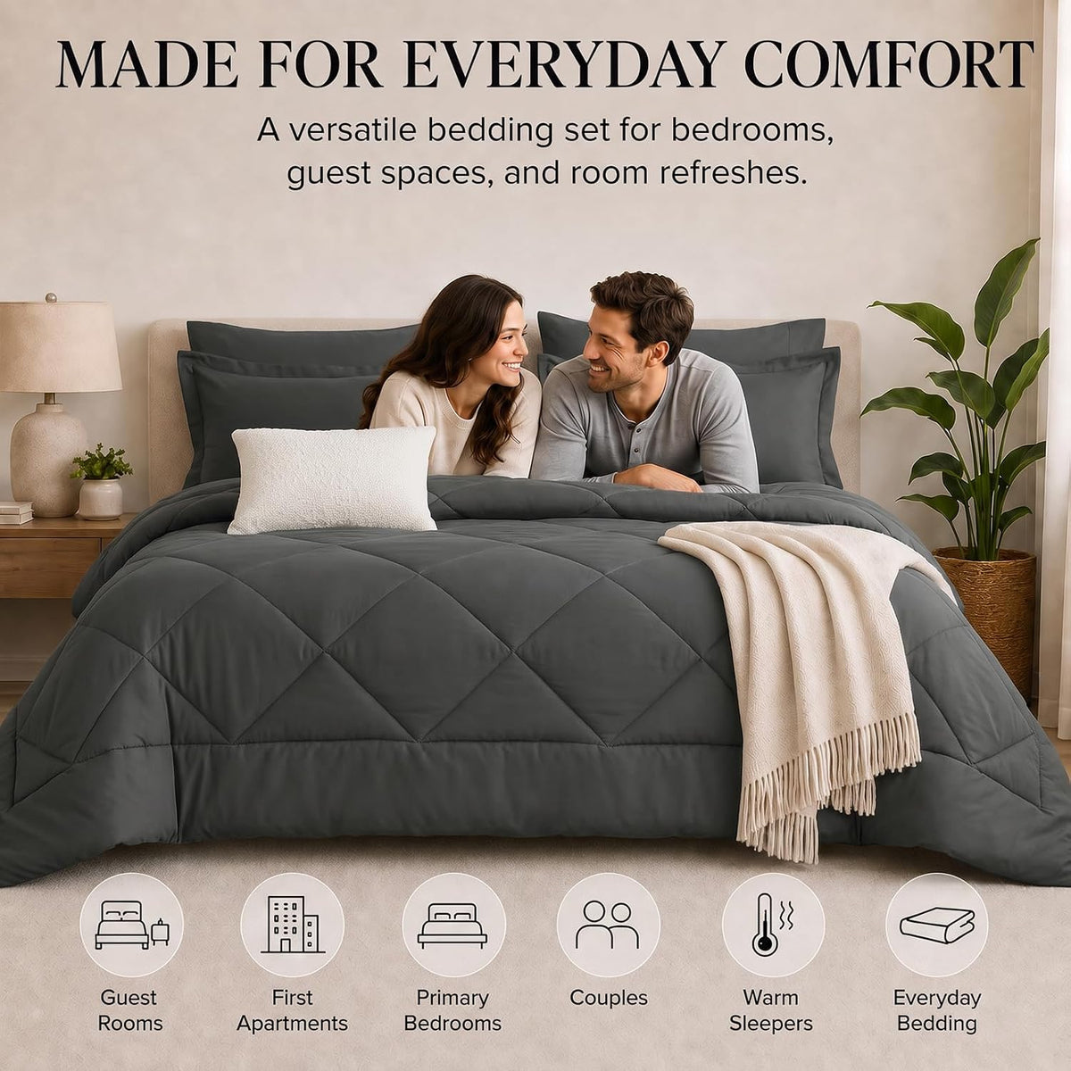 CozyLux Queen Comforter and Sheet Set, 7 Pieces, Dark Grey