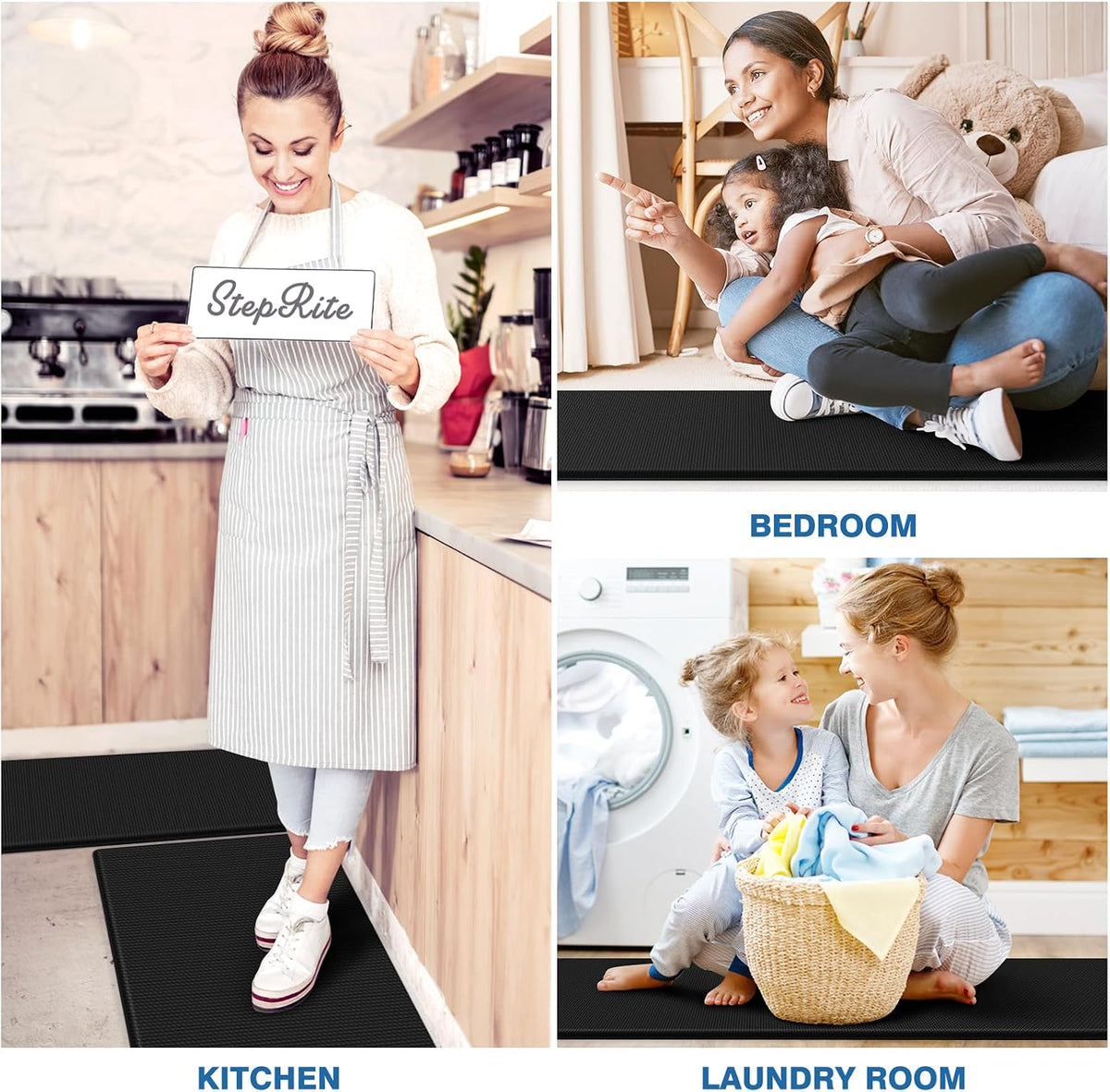 StepRite Cushioned Kitchen Mats, Black, 2-Piece Set