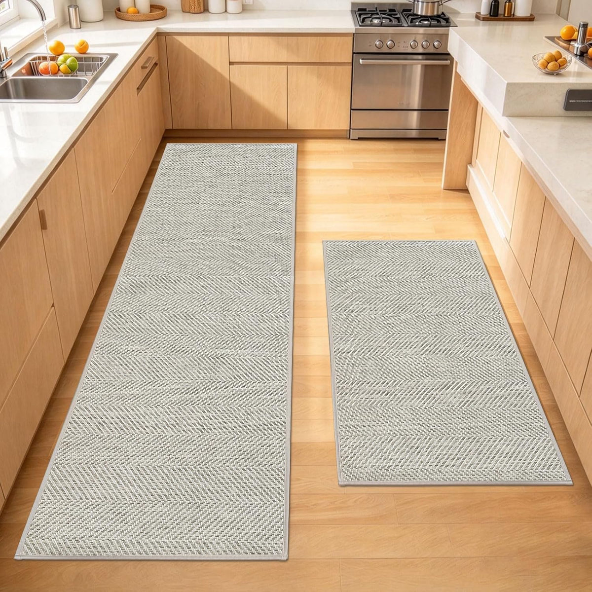 HDFK Herringbone Kitchen Rug Set, Beige, 2 Pieces