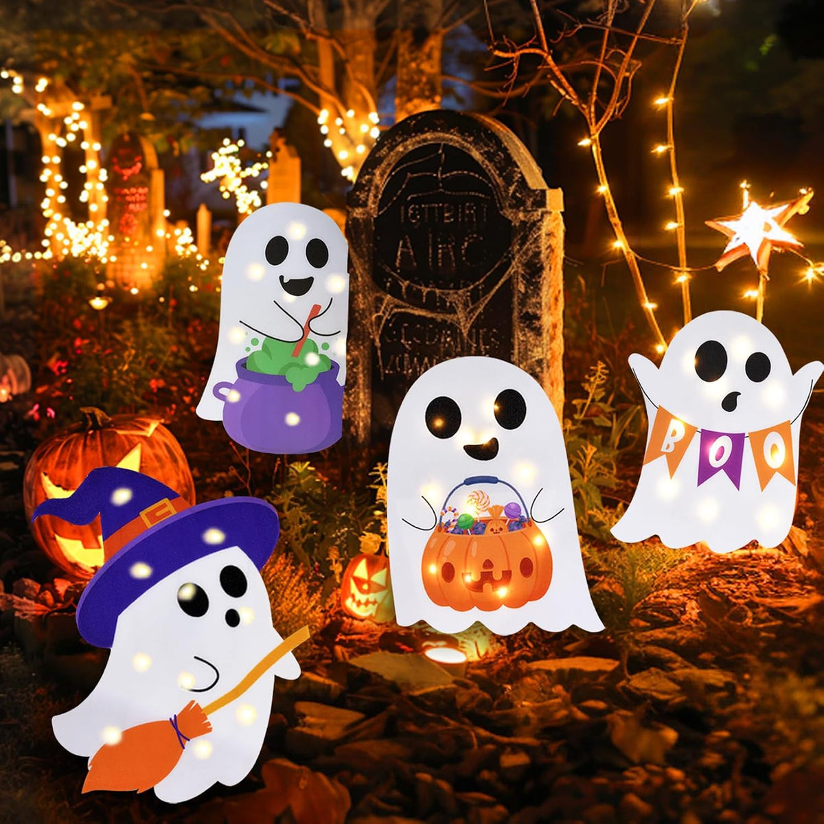ponlodos Pon-YS-Ghost-2 4-Pack Lighted Halloween Ghost Yard Signs – White – product detail