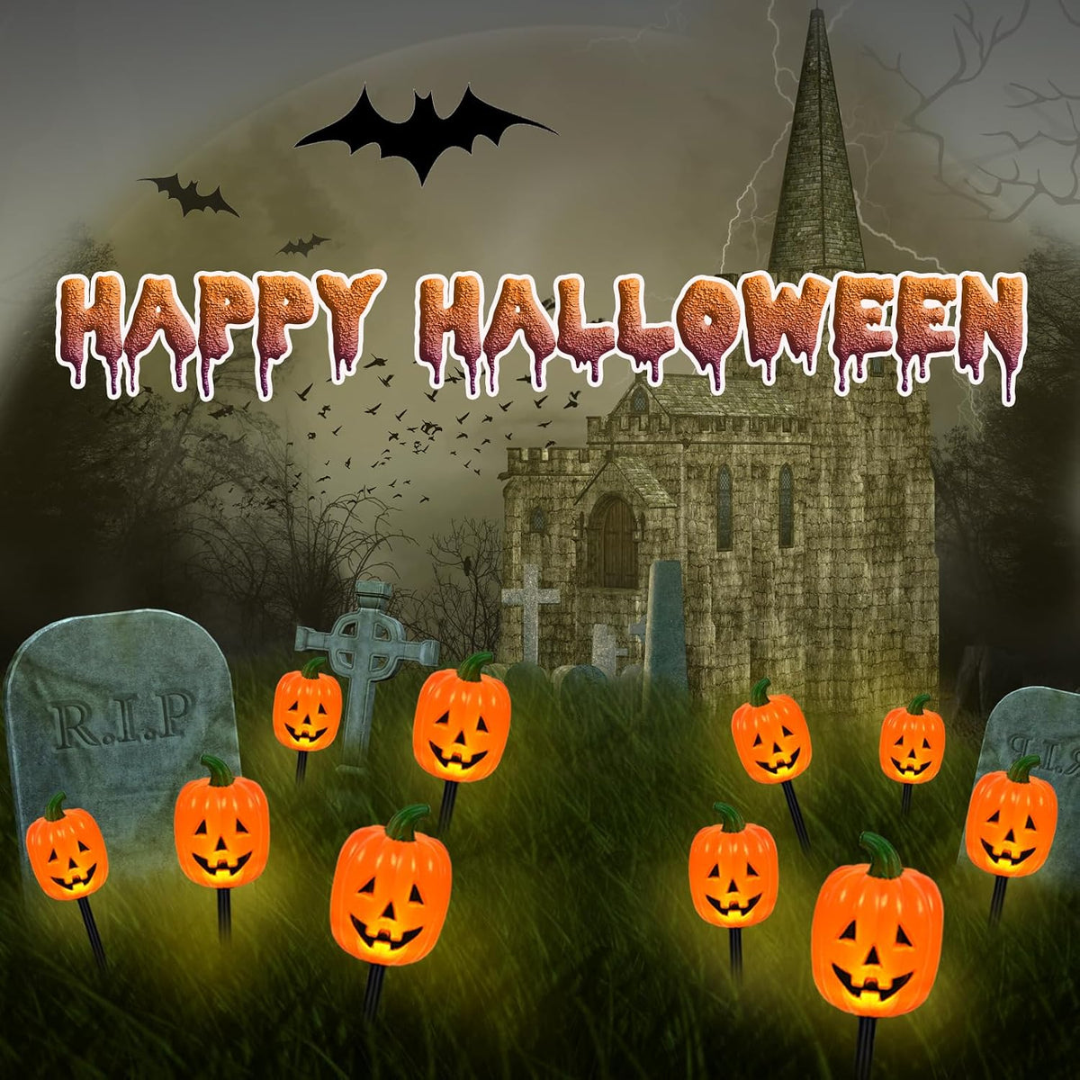 BRIGHTDECK 32137 Solar Halloween Pumpkin Stake Lights – 10-Pack – Long Pumpkin / 10-Pack – product detail