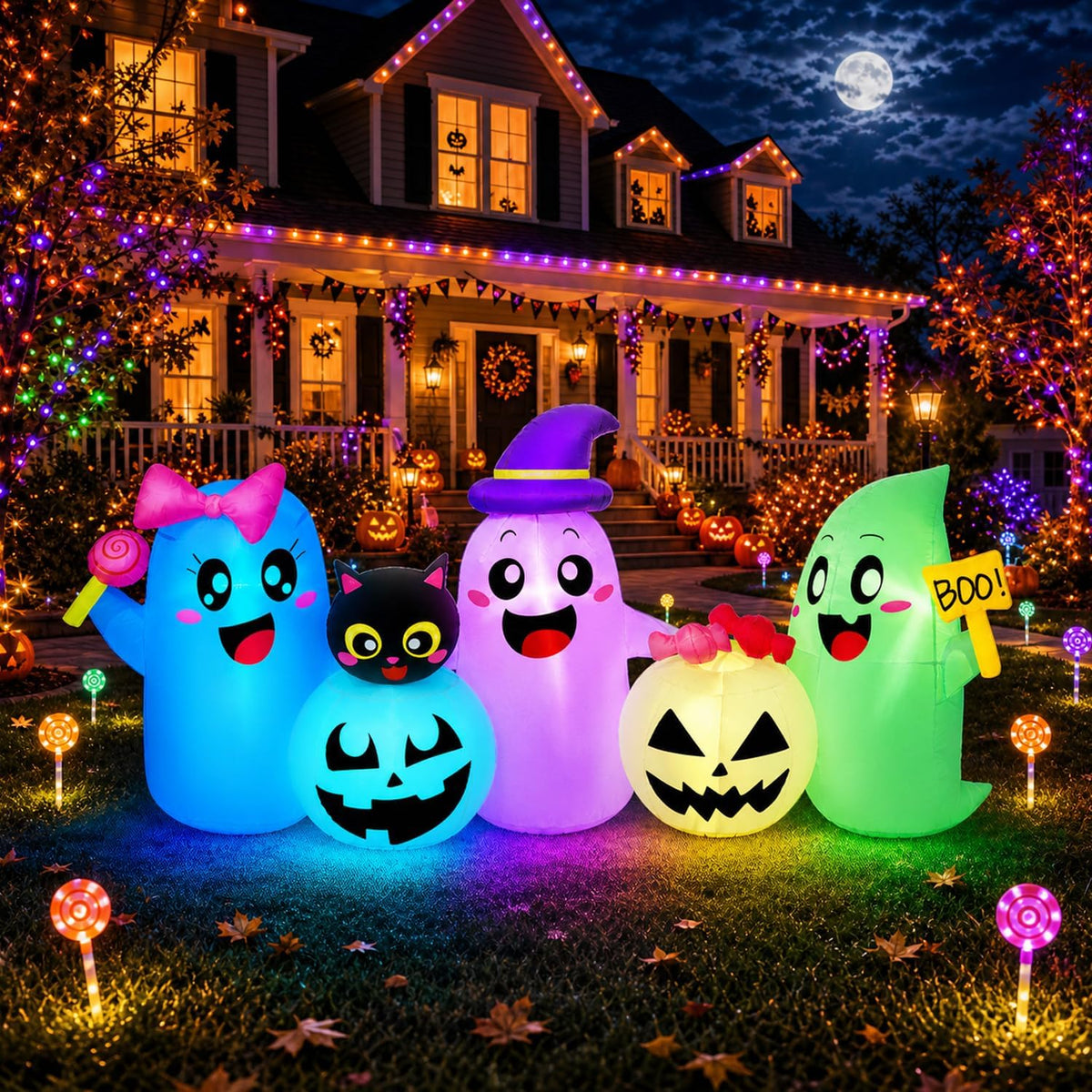 fotako QM-WS-030 8-Foot Halloween Ghost & Pumpkin Inflatable – Color Changing